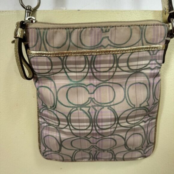 Coach CC Small Crossbody Shoulder Bag Fabric Check Metallic Leather Zip Pocket - Picture 4 of 16